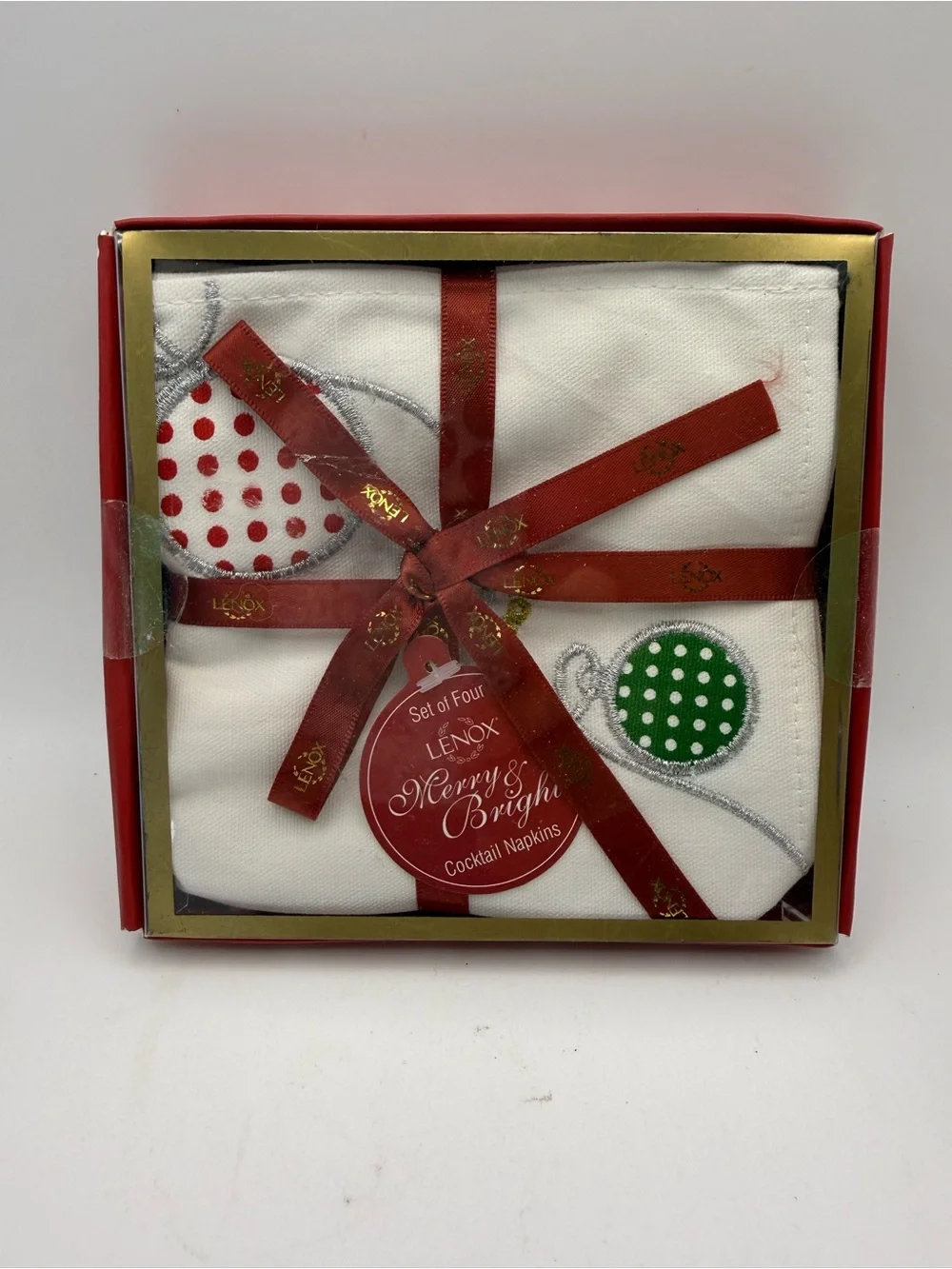 Lenox Merry & Bright White Cocktail Napkins - Red & Green Polka Dot 2 Sets of 4